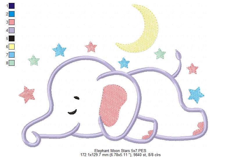 Sleepy Elephant, Moon and Stars - Applique