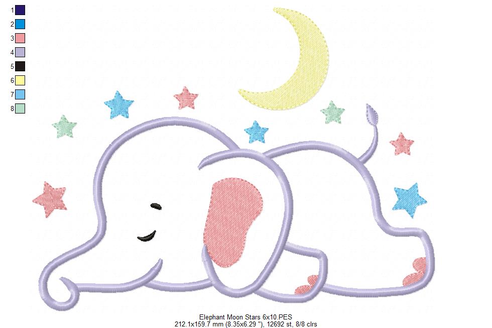 Sleepy Elephant, Moon and Stars - Applique