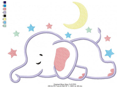 Sleepy Elephant, Moon and Stars - Applique