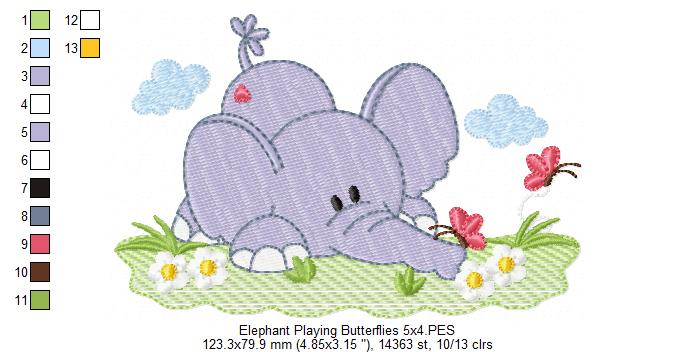 Elephant Playing with the Butterflies - Fill Stitch
