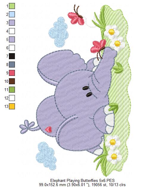 Elephant Playing with the Butterflies - Fill Stitch