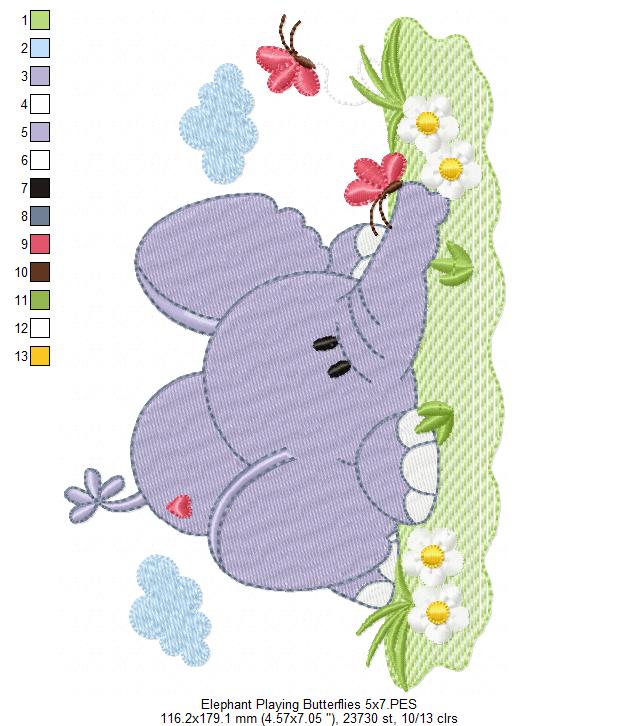 Elephant Playing with the Butterflies - Fill Stitch