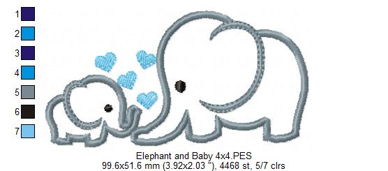 Elephant and Baby Elephant - Applique - Machine Embroidery Design