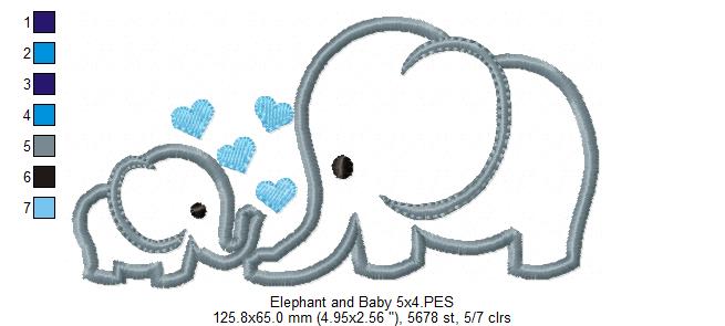 Elephant and Baby Elephant - Applique - Machine Embroidery Design