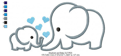 Elephant and Baby Elephant - Applique - Machine Embroidery Design