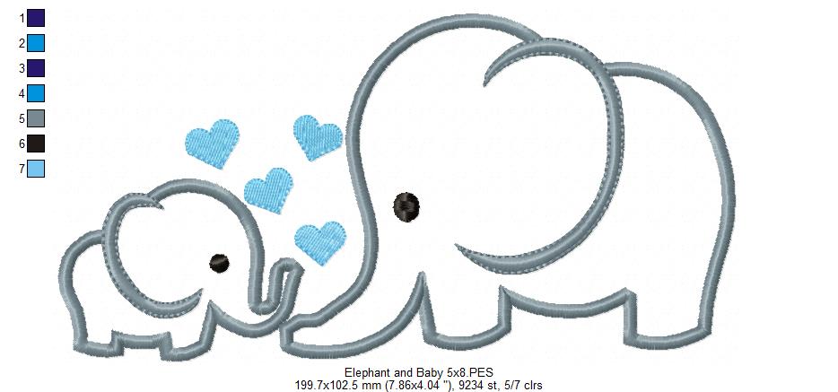 Elephant and Baby Elephant - Applique - Machine Embroidery Design