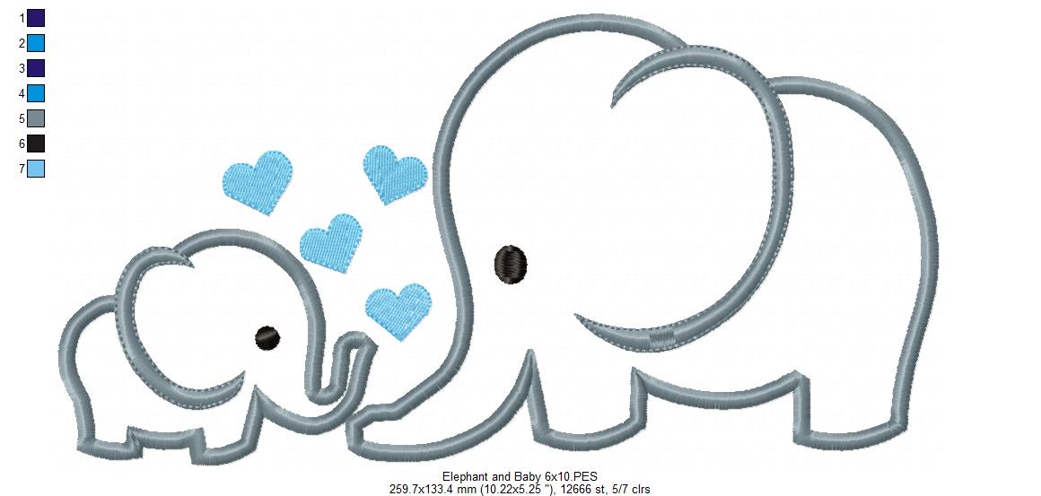 Elephant and Baby Elephant - Applique - Machine Embroidery Design