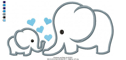 Elephant and Baby Elephant - Applique - Machine Embroidery Design
