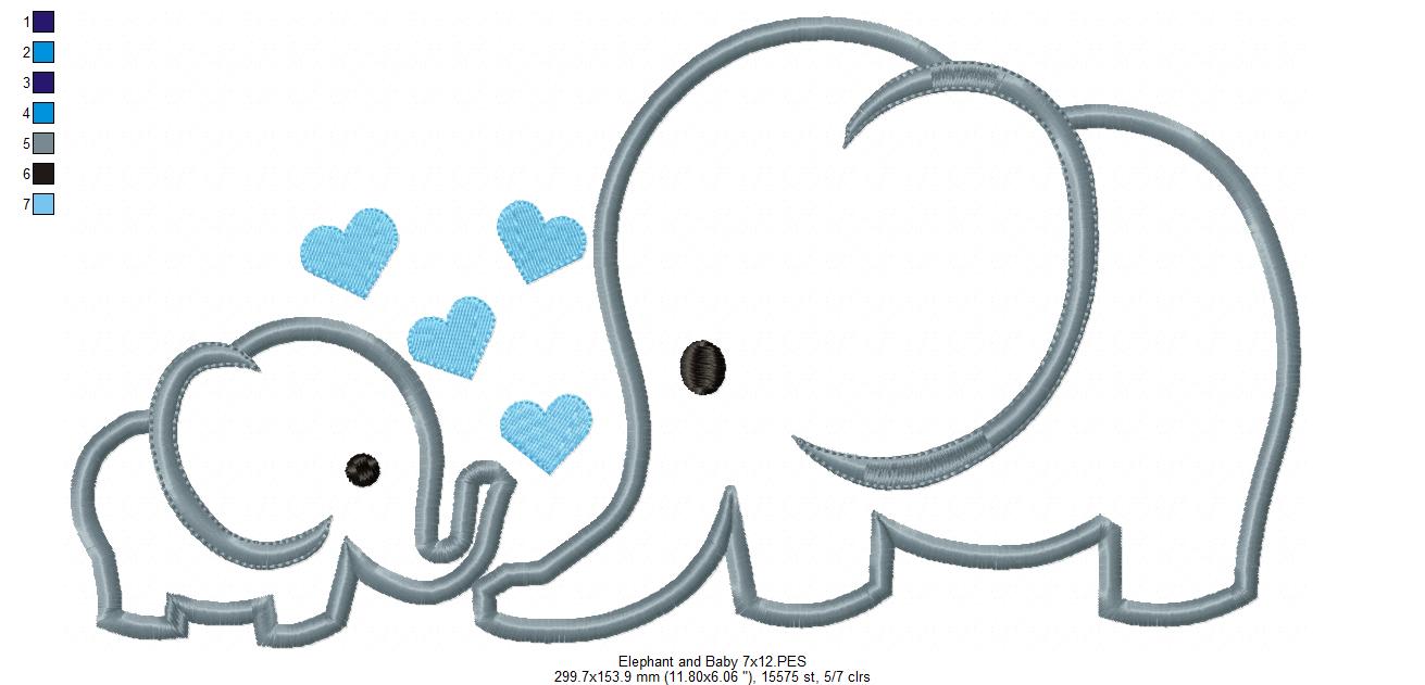 Elephant and Baby Elephant - Applique - Machine Embroidery Design