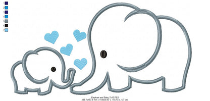 Elephant and Baby Elephant - Applique - Machine Embroidery Design