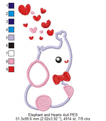 Elephant and Hearts - Applique - Machine Embroidery Design
