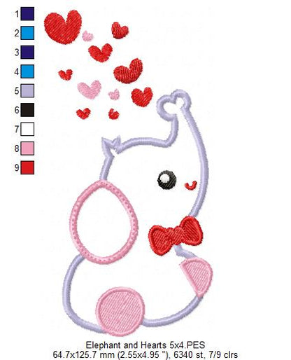 Elephant and Hearts - Applique - Machine Embroidery Design