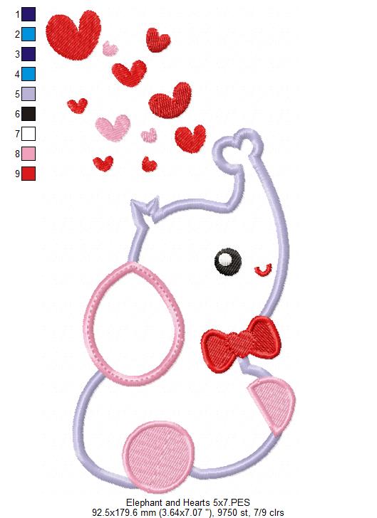 Elephant and Hearts - Applique - Machine Embroidery Design