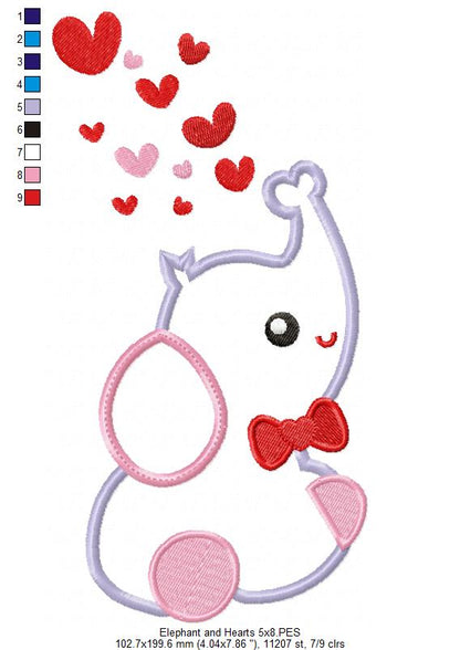 Elephant and Hearts - Applique - Machine Embroidery Design