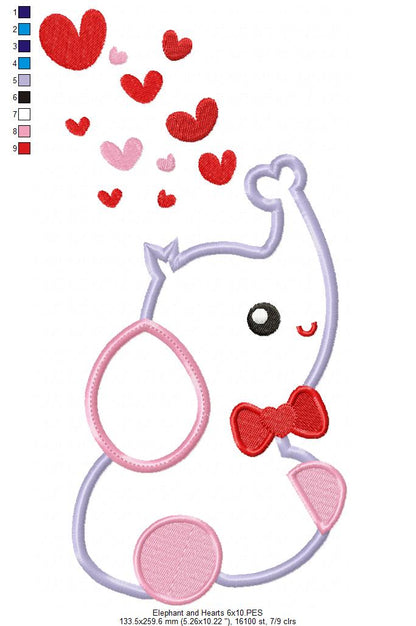 Elephant and Hearts - Applique - Machine Embroidery Design