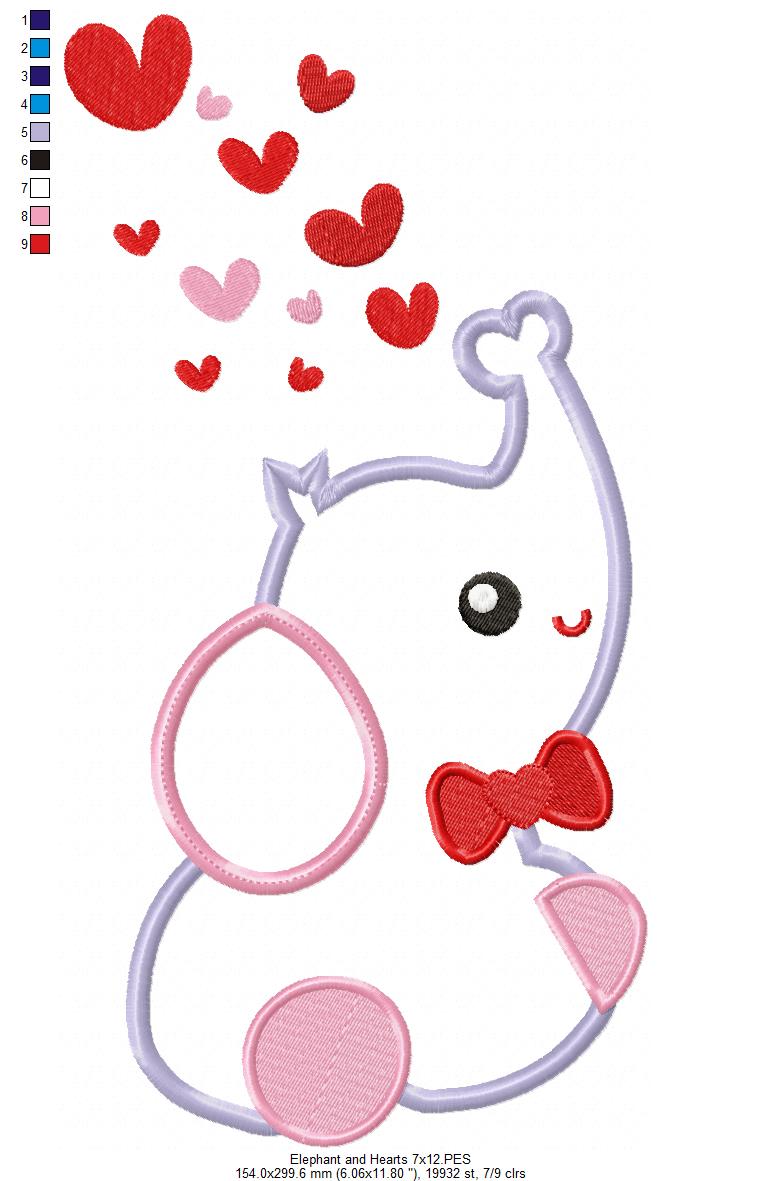 Elephant and Hearts - Applique - Machine Embroidery Design