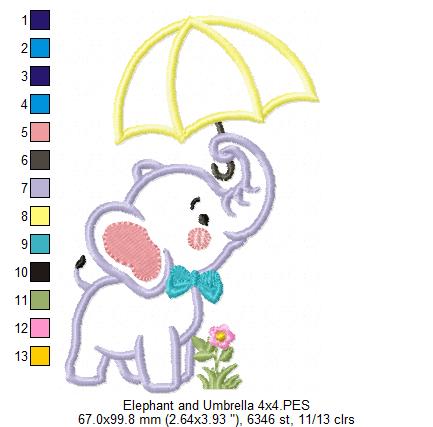 Elephant and Umbrella - Applique - Machine Embroidery Design