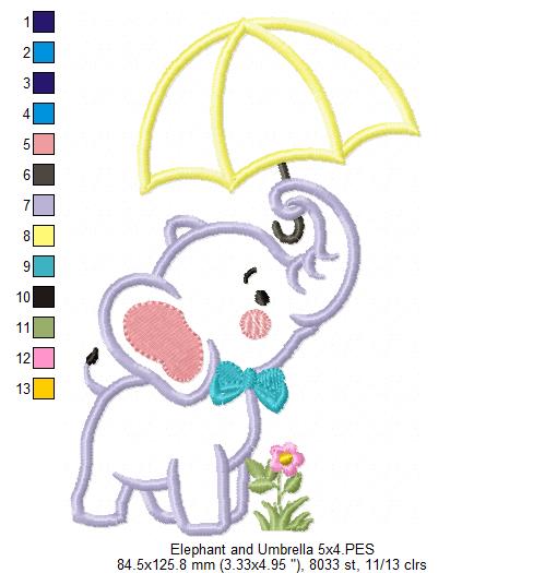 Elephant and Umbrella - Applique - Machine Embroidery Design