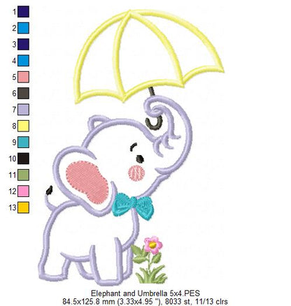 Elephant and Umbrella - Applique - Machine Embroidery Design