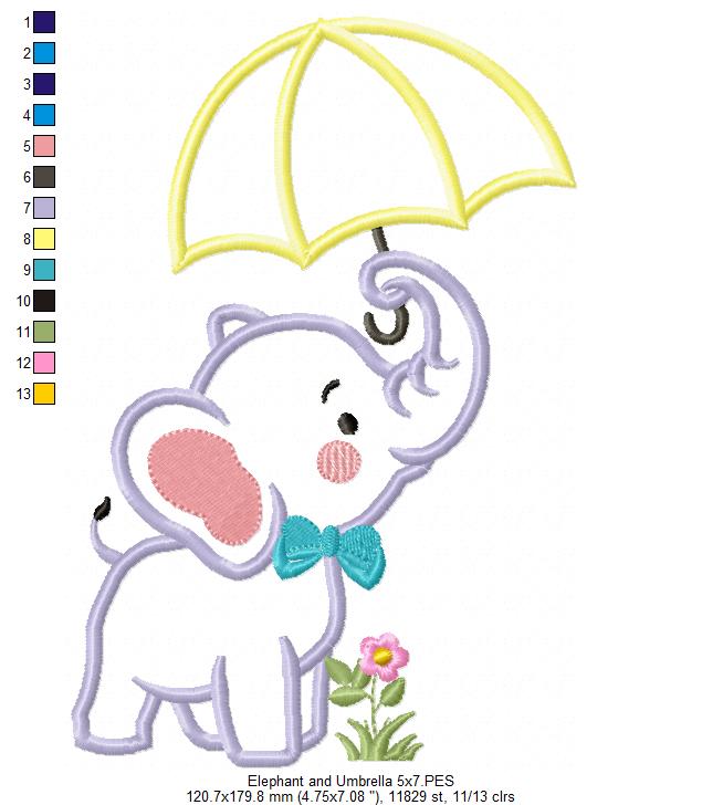 Elephant and Umbrella - Applique - Machine Embroidery Design