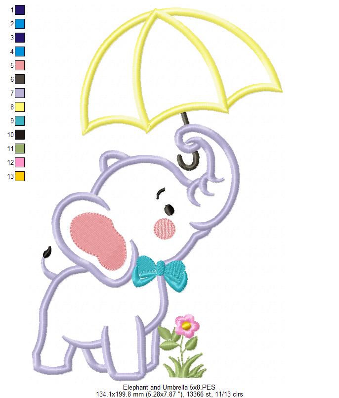 Elephant and Umbrella - Applique - Machine Embroidery Design