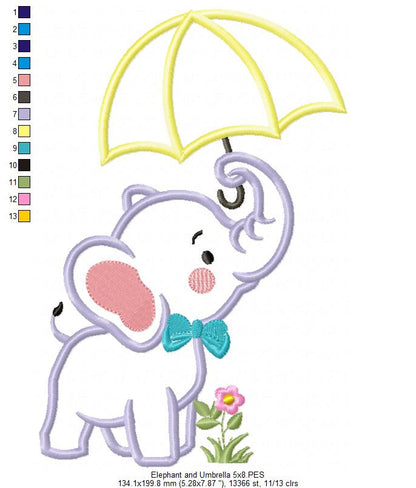 Elephant and Umbrella - Applique - Machine Embroidery Design