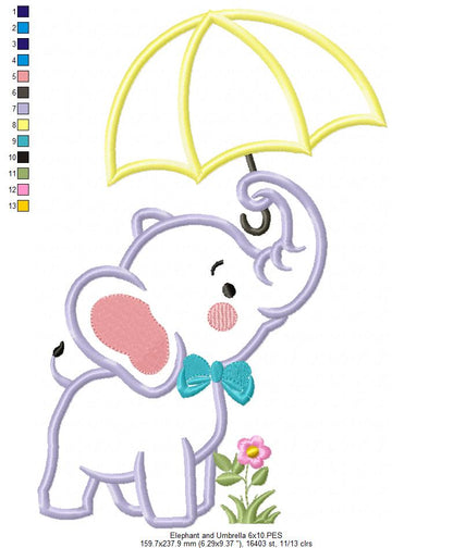Elephant and Umbrella - Applique - Machine Embroidery Design