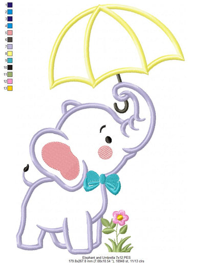Elephant and Umbrella - Applique - Machine Embroidery Design
