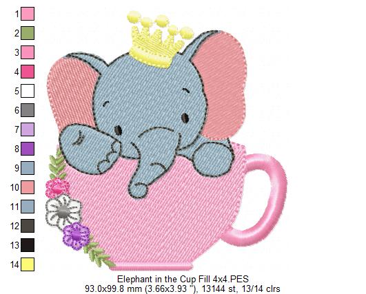 Prince Elephant Teacup - Fill Stitch - Machine Embroidery Design