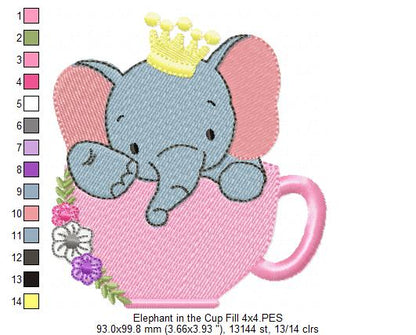 Prince Elephant Teacup - Fill Stitch - Machine Embroidery Design