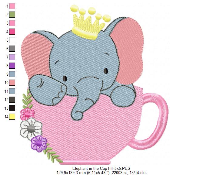 Prince Elephant Teacup - Fill Stitch - Machine Embroidery Design