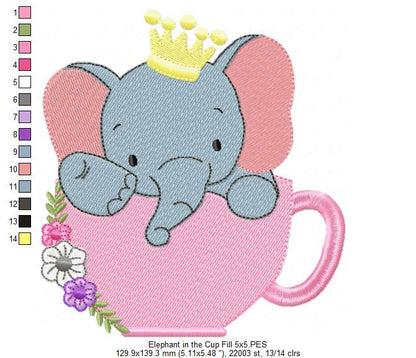 Prince Elephant Teacup - Fill Stitch - Machine Embroidery Design