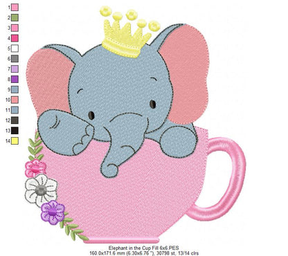 Prince Elephant Teacup - Fill Stitch - Machine Embroidery Design
