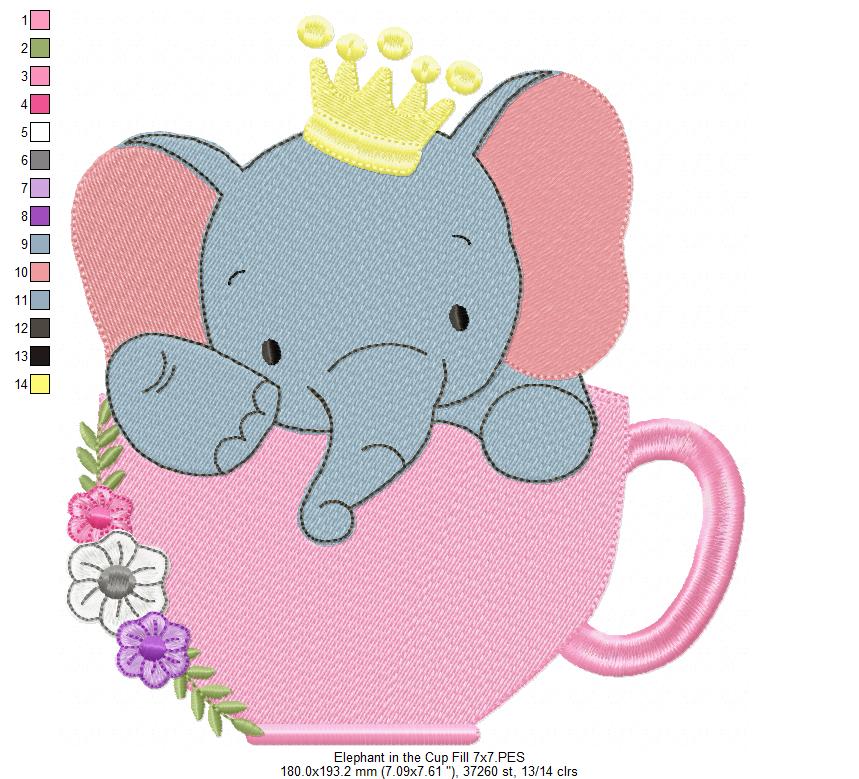 Prince Elephant Teacup - Fill Stitch - Machine Embroidery Design