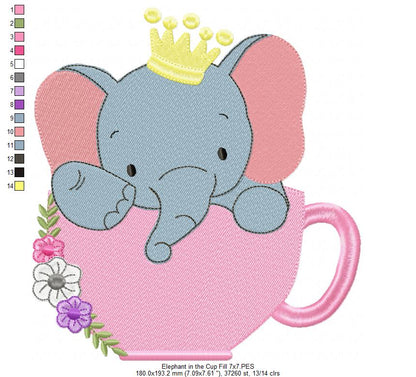 Prince Elephant Teacup - Fill Stitch - Machine Embroidery Design
