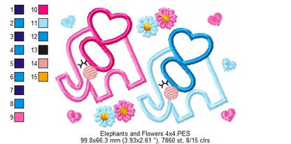 Elephant Boy and Girl, Flowers and Hearts - Applique