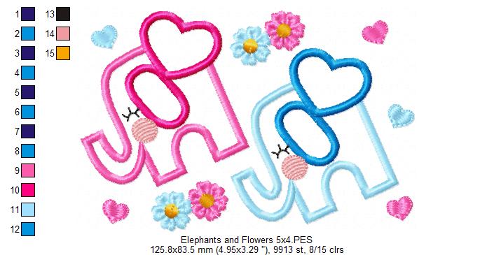 Elephant Boy and Girl, Flowers and Hearts - Applique