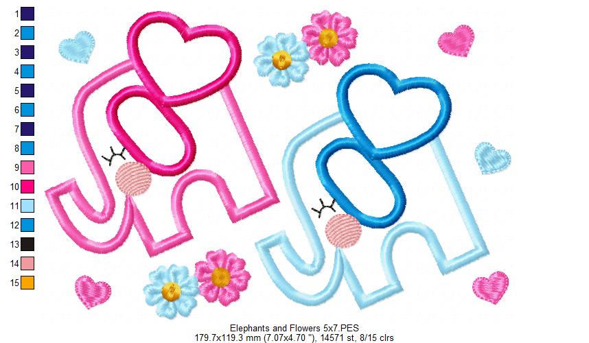 Elephant Boy and Girl, Flowers and Hearts - Applique