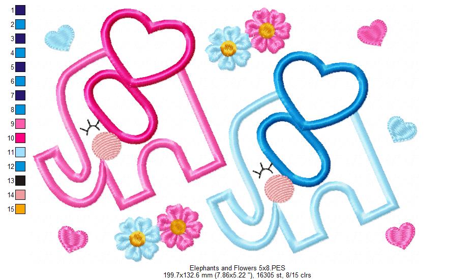 Elephant Boy and Girl, Flowers and Hearts - Applique