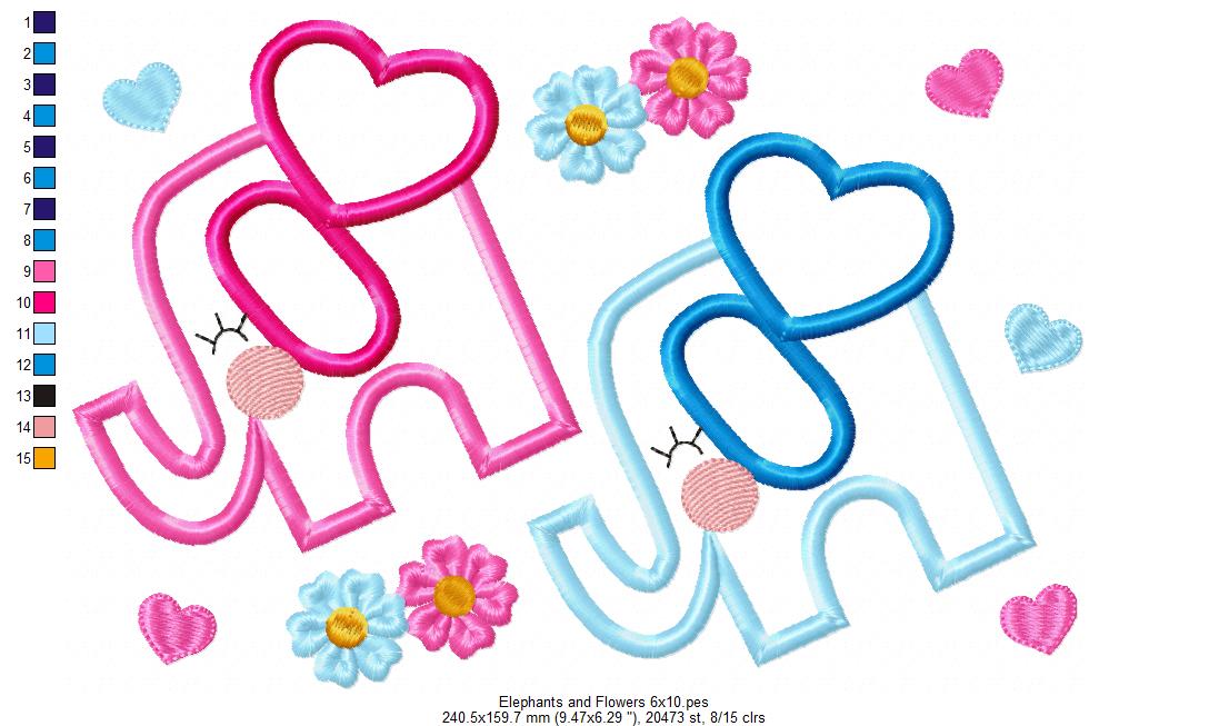 Elephant Boy and Girl, Flowers and Hearts - Applique