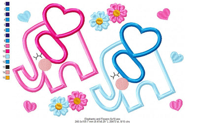 Elephant Boy and Girl, Flowers and Hearts - Applique