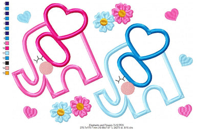 Elephant Boy and Girl, Flowers and Hearts - Applique