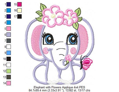 Elephant Girl with Flowers - Applique & Fill Stitch - Set of 2 designs