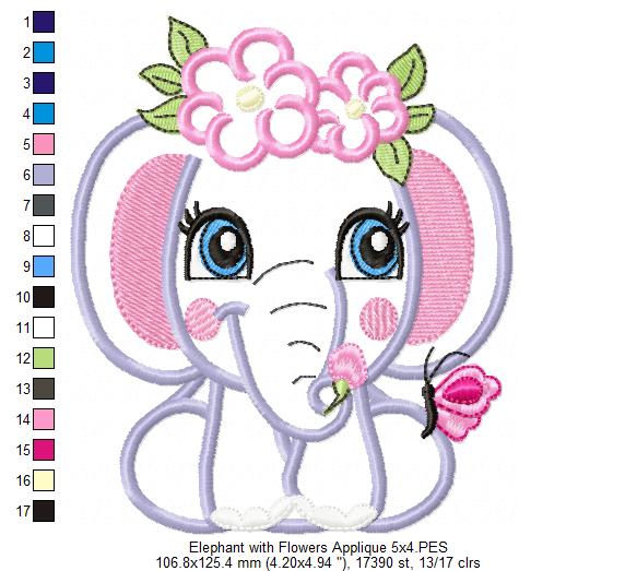 Elephant Girl with Flowers - Applique & Fill Stitch - Set of 2 designs