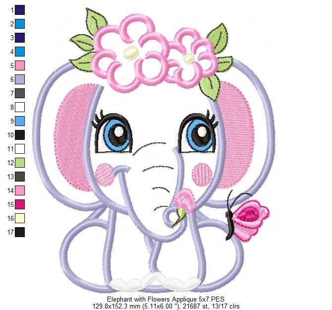 Elephant Girl with Flowers - Applique & Fill Stitch - Set of 2 designs