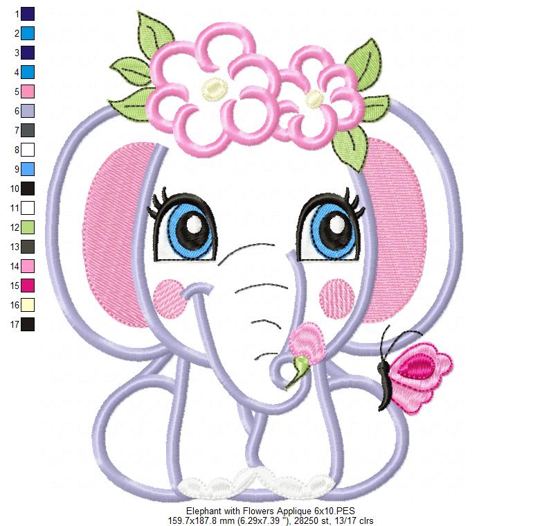 Elephant Girl with Flowers - Applique & Fill Stitch - Set of 2 designs