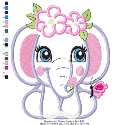 Elephant Girl with Flowers - Applique & Fill Stitch - Set of 2 designs