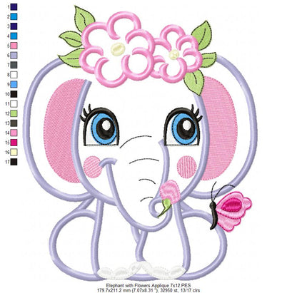 Elephant Girl with Flowers - Applique & Fill Stitch - Set of 2 designs