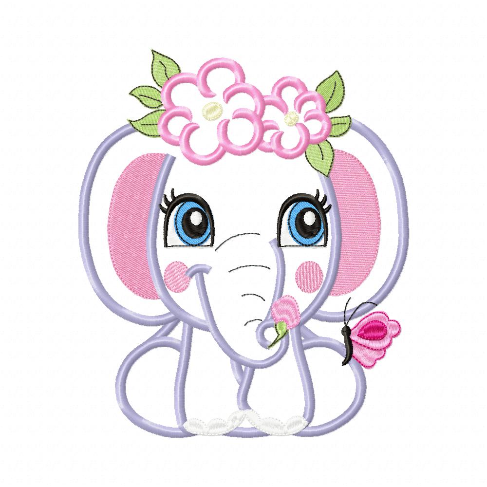 Elephant Girl with Flowers - Applique & Fill Stitch - Set of 2 designs