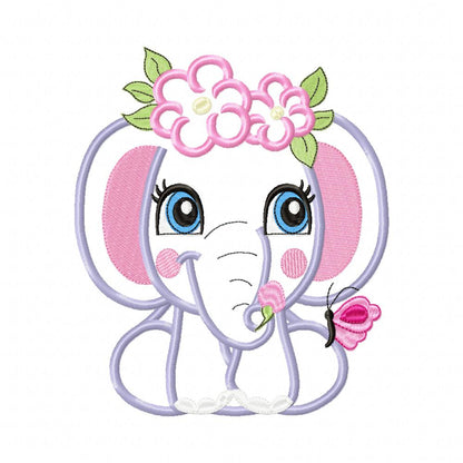 Elephant Girl with Flowers - Applique & Fill Stitch - Set of 2 designs